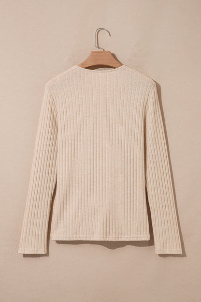 Solid Ribbed Knit Cowl Neck Long Sleeve Top