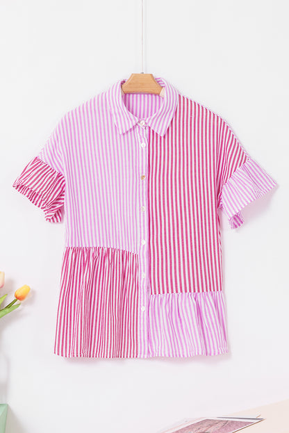 Stripe Patchwork Ruffle Hem Shirt