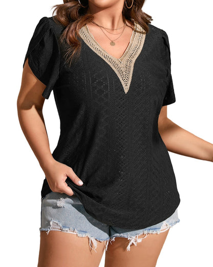 Embroidered Eyelet V-Neck Top Plus Size