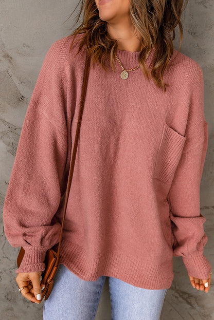 Puff Sleeve Pocketed Crewneck Sweater