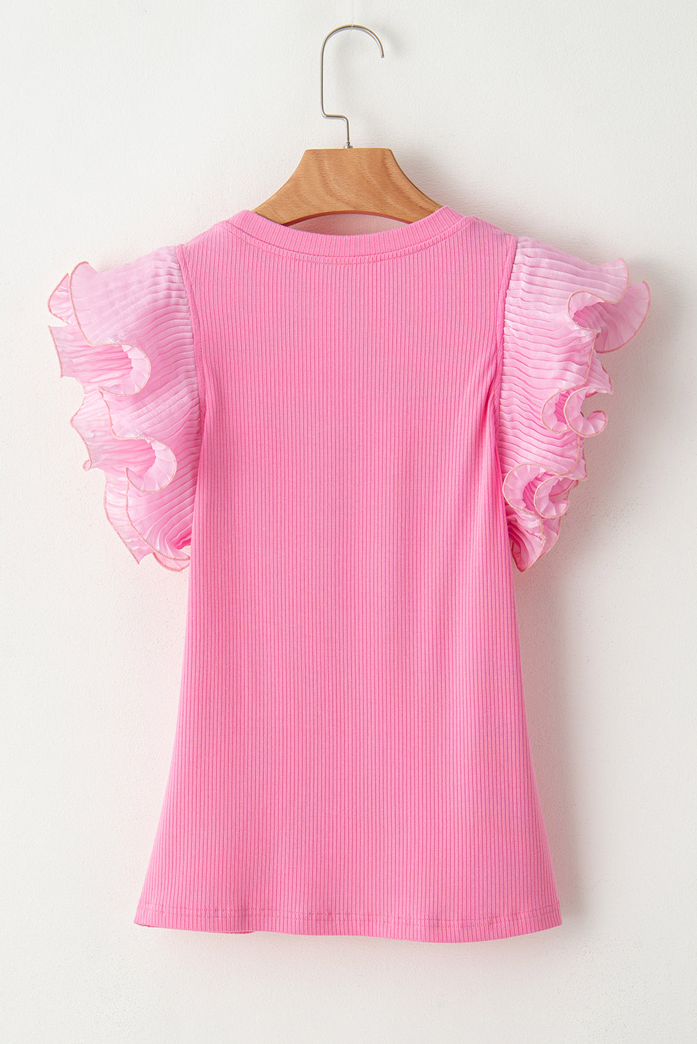 Ruffle Pleated Ribbed Knit T-Shirt