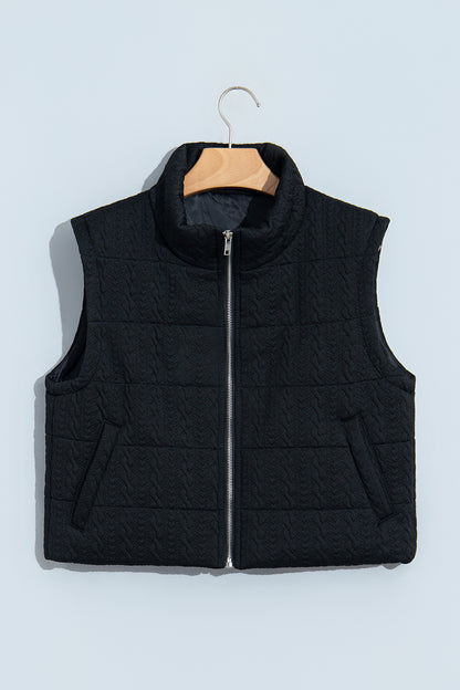 Solid Textured Stand Collar Zip Up Puffer Vest