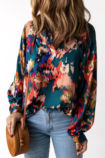 Abstract Floral Puff Sleeve Blouse