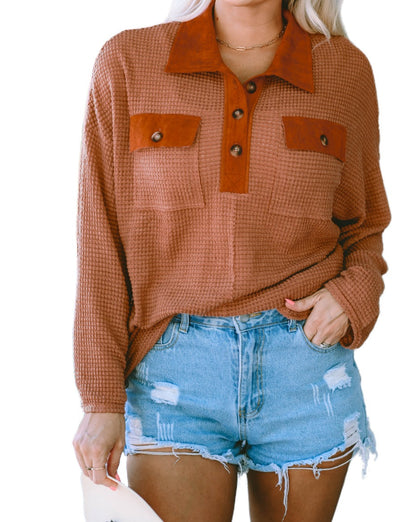 Waffle Contrast Trim Collared Top