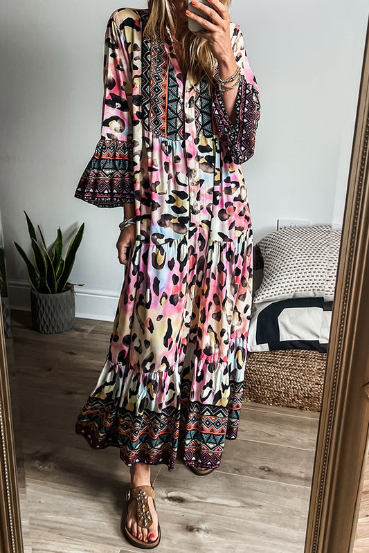 Leopard 3/4 Sleeve Tiered Maxi Dress