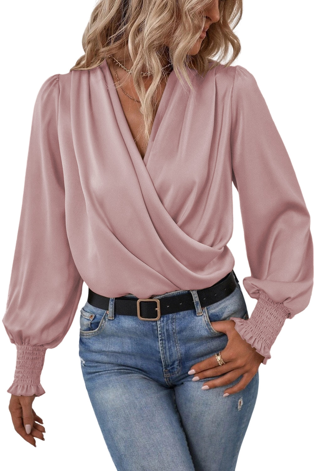 Draped V-Neck Long Sleeve Blouse