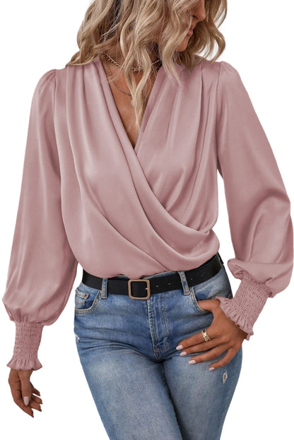 Draped V-Neck Long Sleeve Blouse