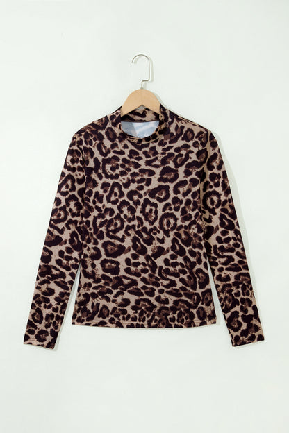 Western Leopard High Neck Long Sleeve Slim Top