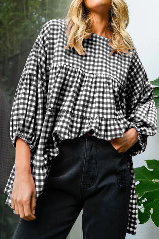 Checker Puff Sleeve Tiered Blouse