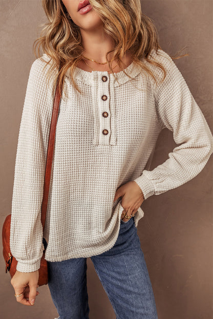 Waffle Raglan Sleeve Henley Blouse