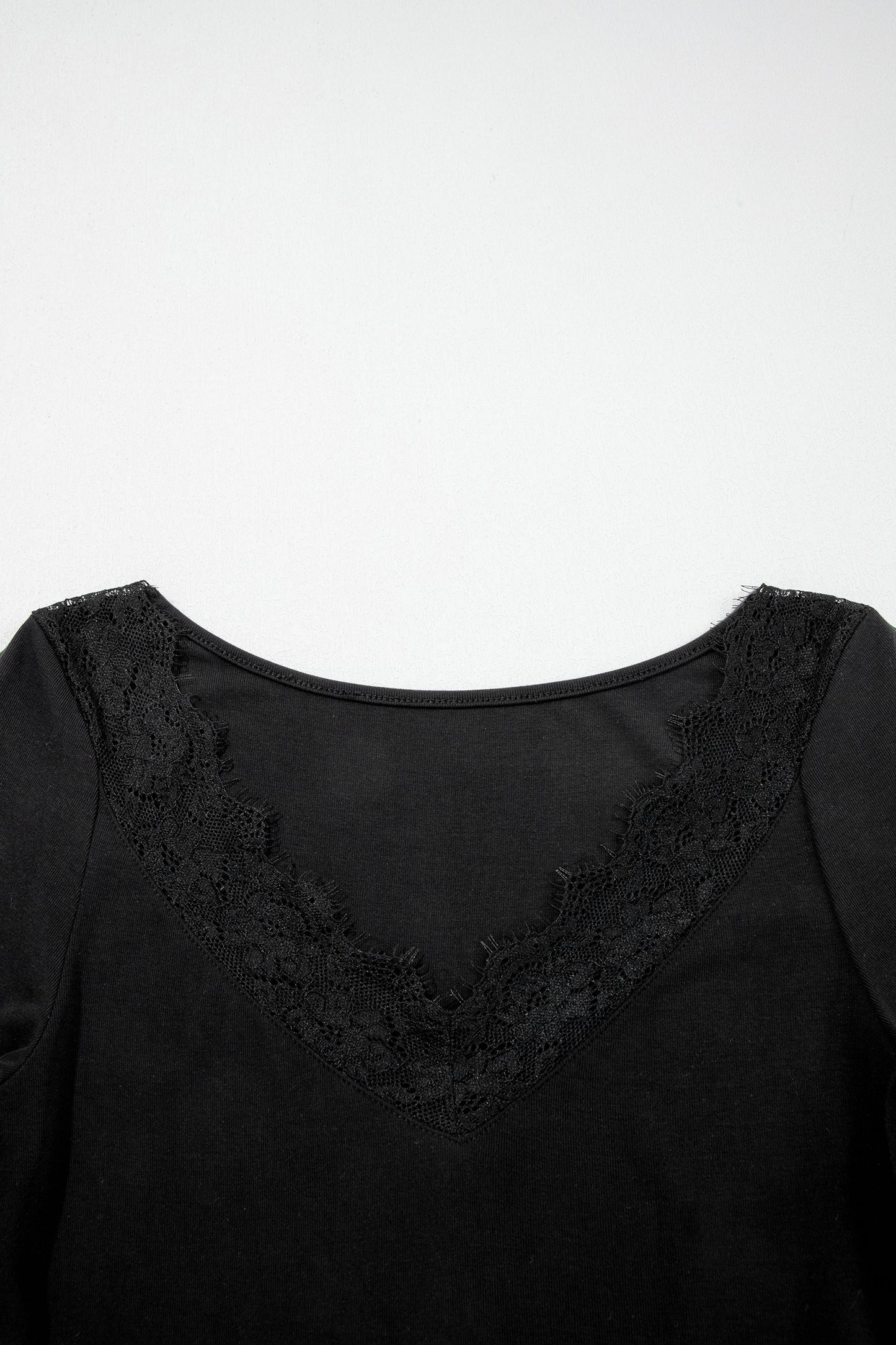 Solid Lace Trim V-Neck Long Sleeve Top