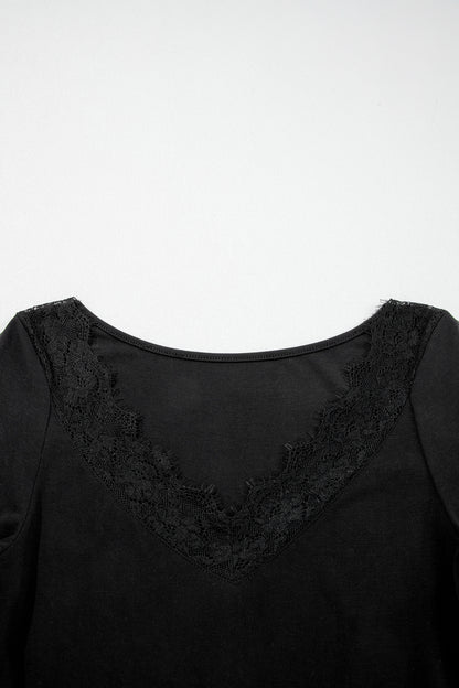 Solid Lace Trim V-Neck Long Sleeve Top