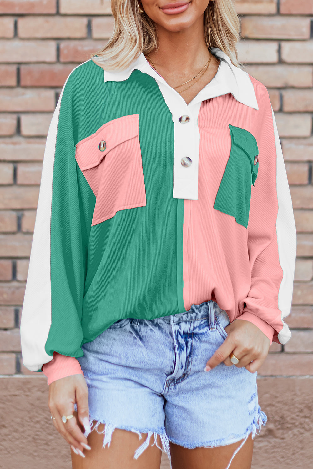 Colorblock Collared Ribbed Patchwork Pocketed Sweatshirt