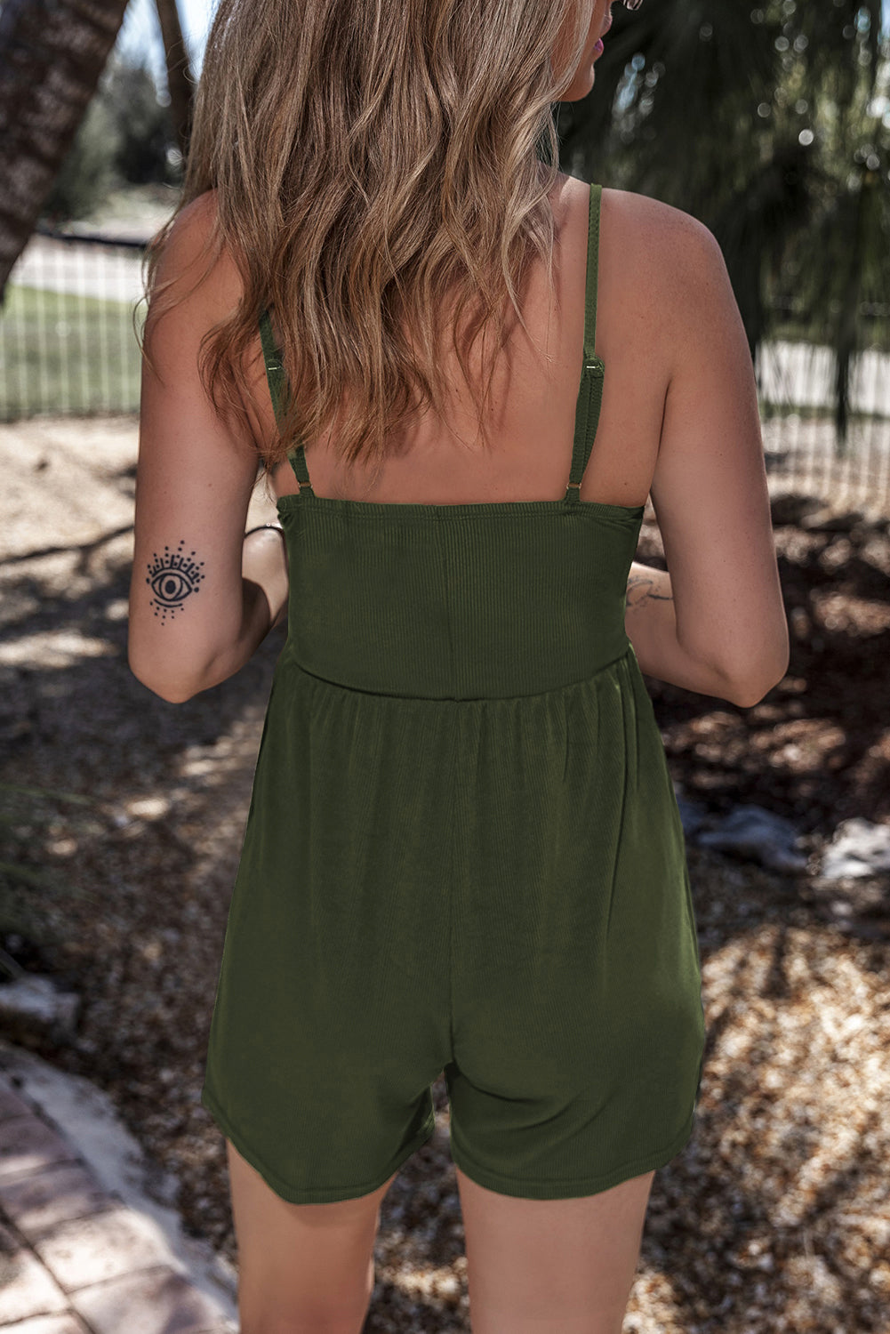 Ribbed Cinched Waist V-Neck Romper