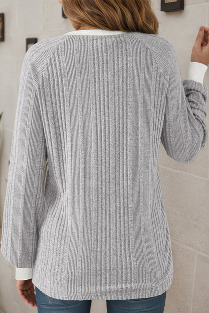 Solid Ribbed Contrast Trim Long Sleeve Top