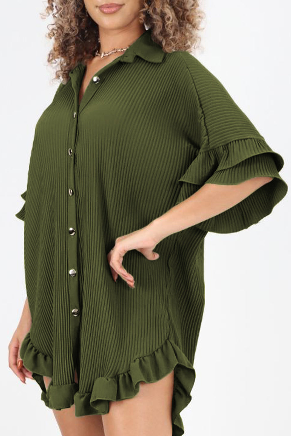 Pleated Ruffle Sleeve Shirt Dress