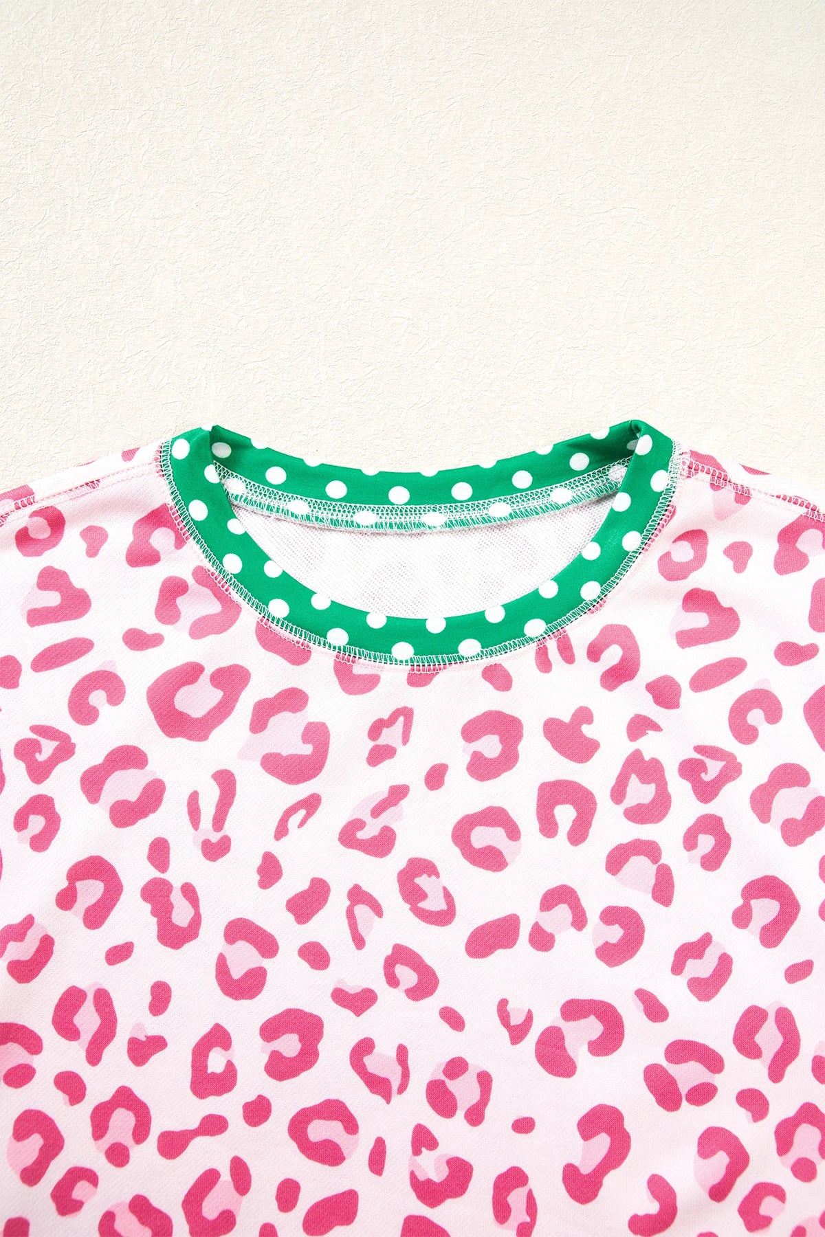 Leopard Polka Dot Colorblock Trim Long Sleeve Top
