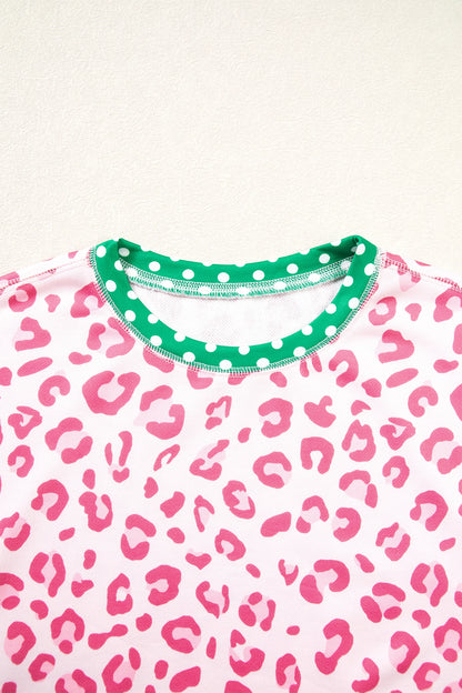 Leopard Polka Dot Colorblock Trim Long Sleeve Top