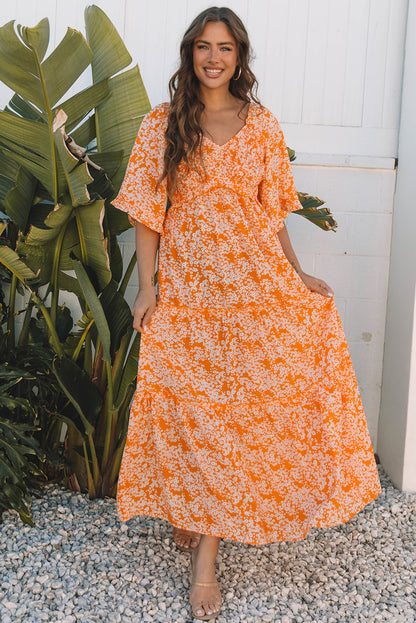 Floral Smocked V-Neck Wide Sleeve Maxi Dress