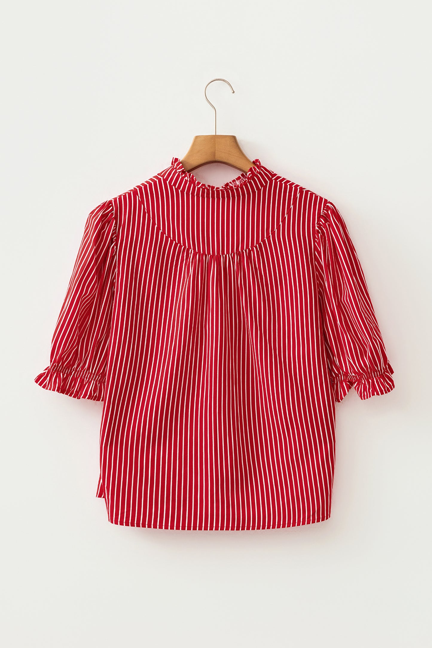 Stripe Ruffle Puff Sleeve Button Front Blouse