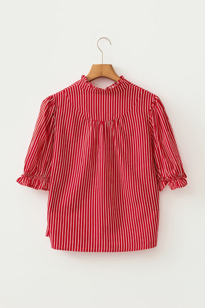 Stripe Ruffle Puff Sleeve Button Front Blouse