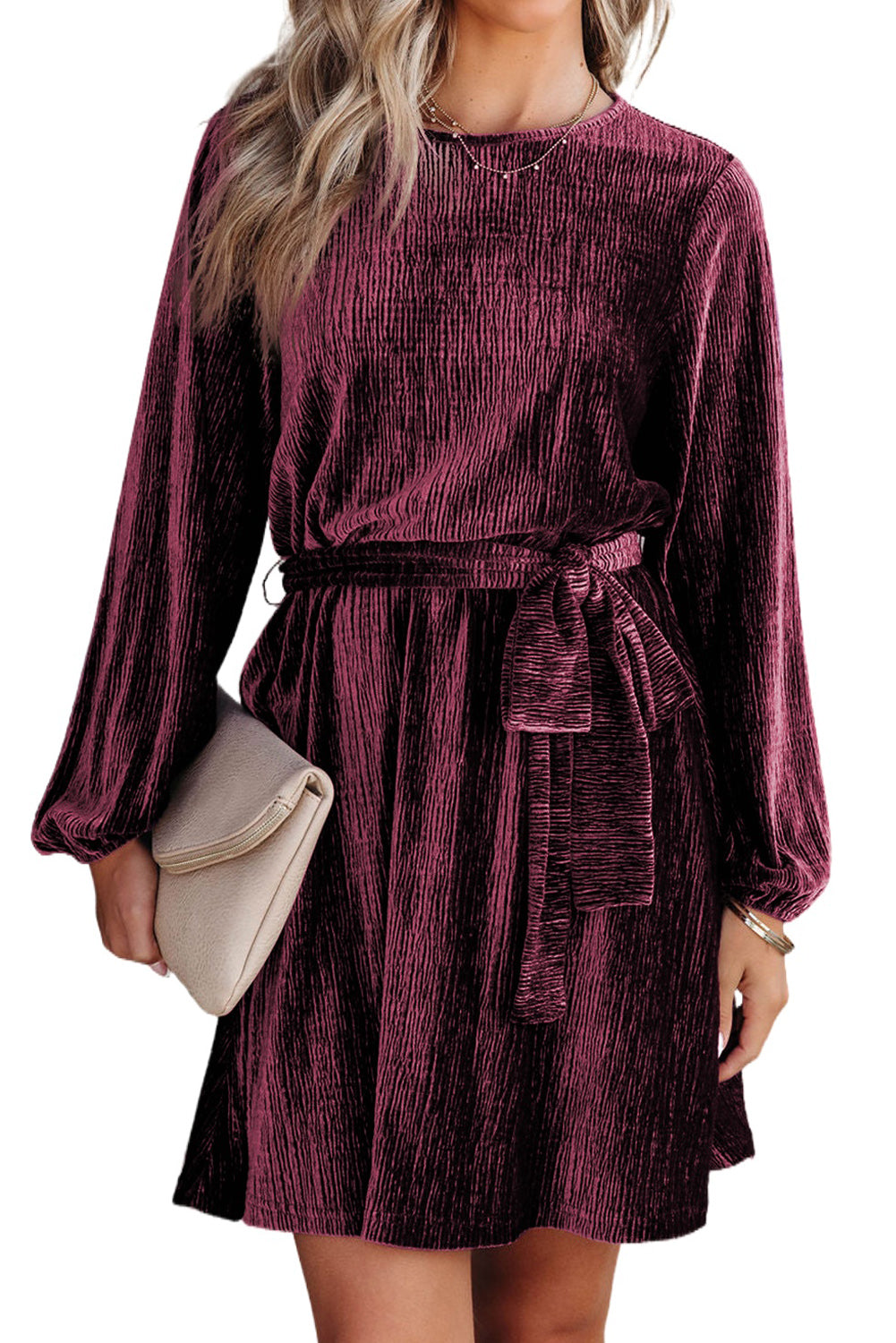 Crinkle Velvet Tie Belted Dress