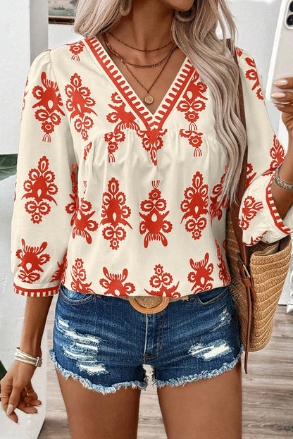 Geometric 3/4 Sleeve V-Neck Blouse