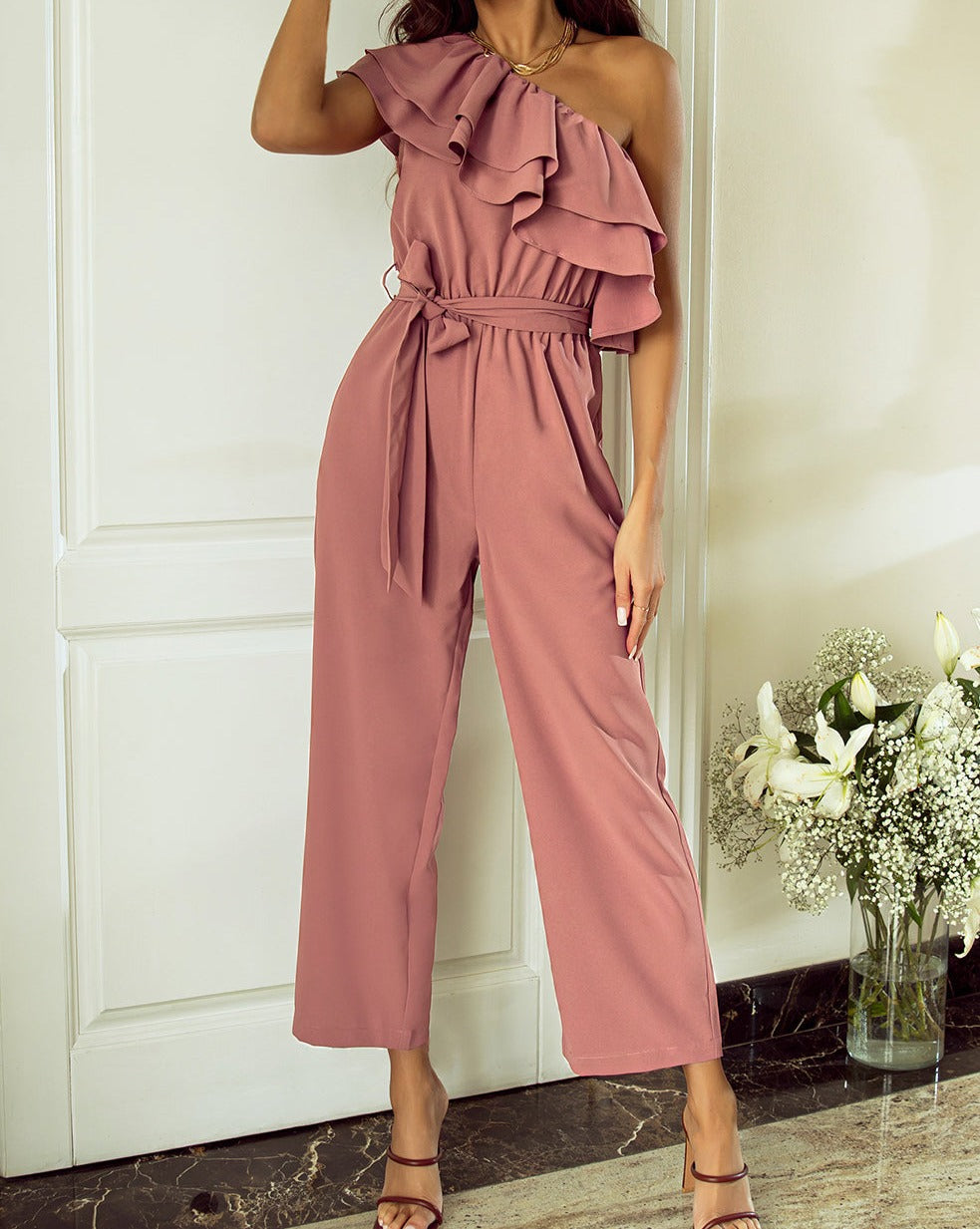 Ruffle One Shoulder Belted Jumpsuit