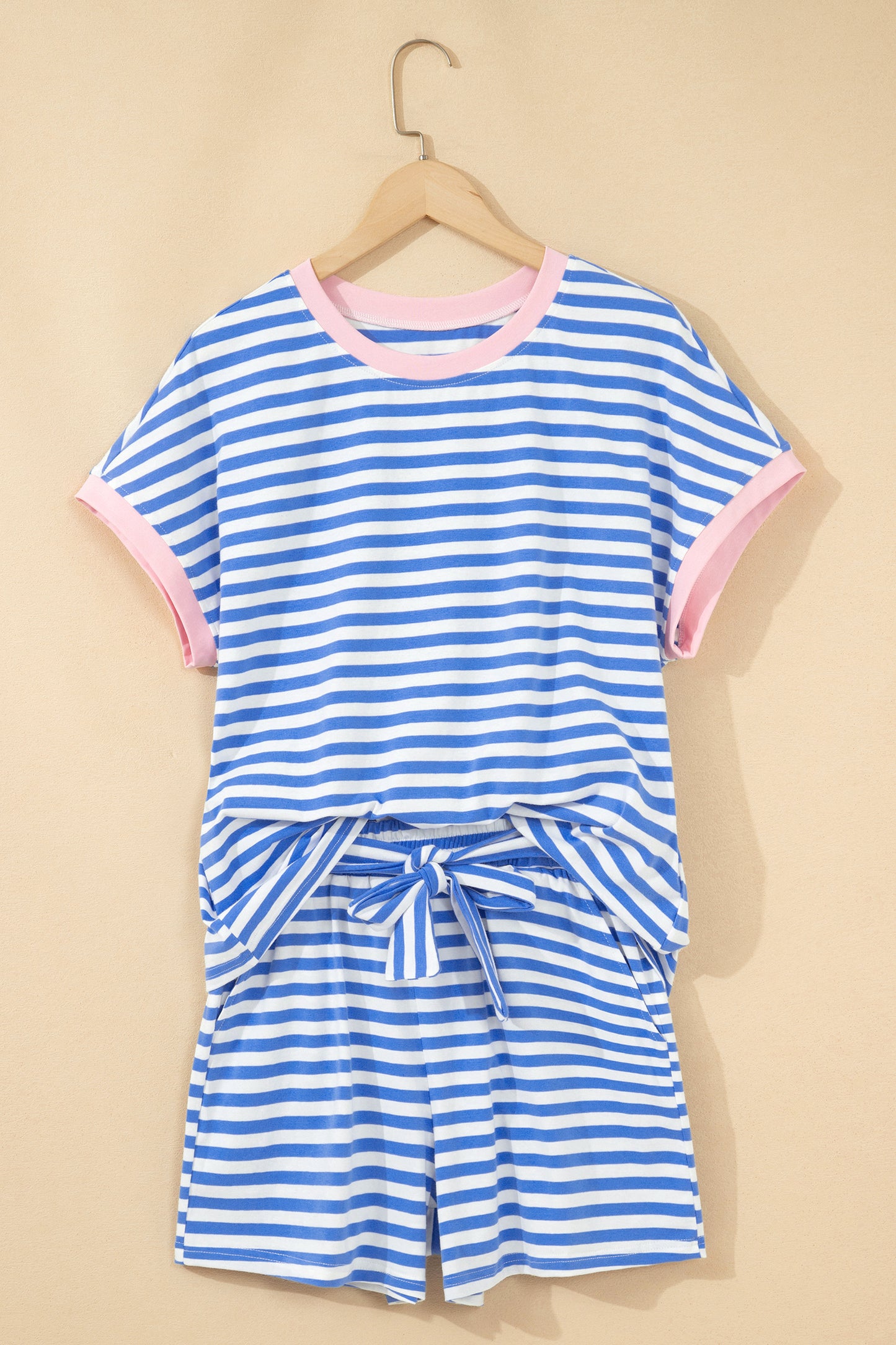 Stripe Crewneck Tee & Tie Waist Shorts Set