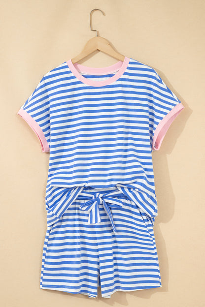 Stripe Crewneck Tee & Tie Waist Shorts Set