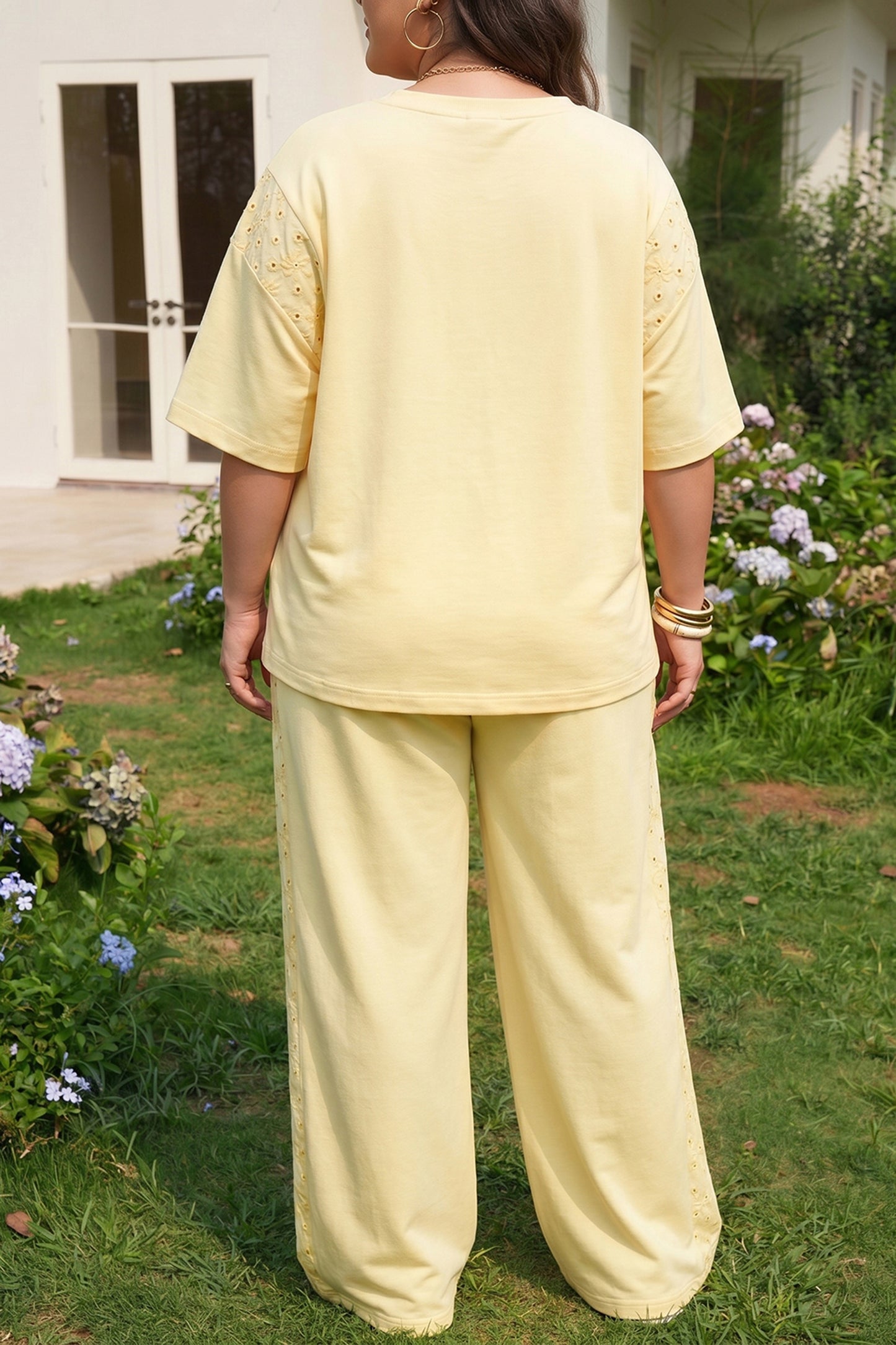 Plus Size Eyelet Embroidered Patchwork Top & Pants Set