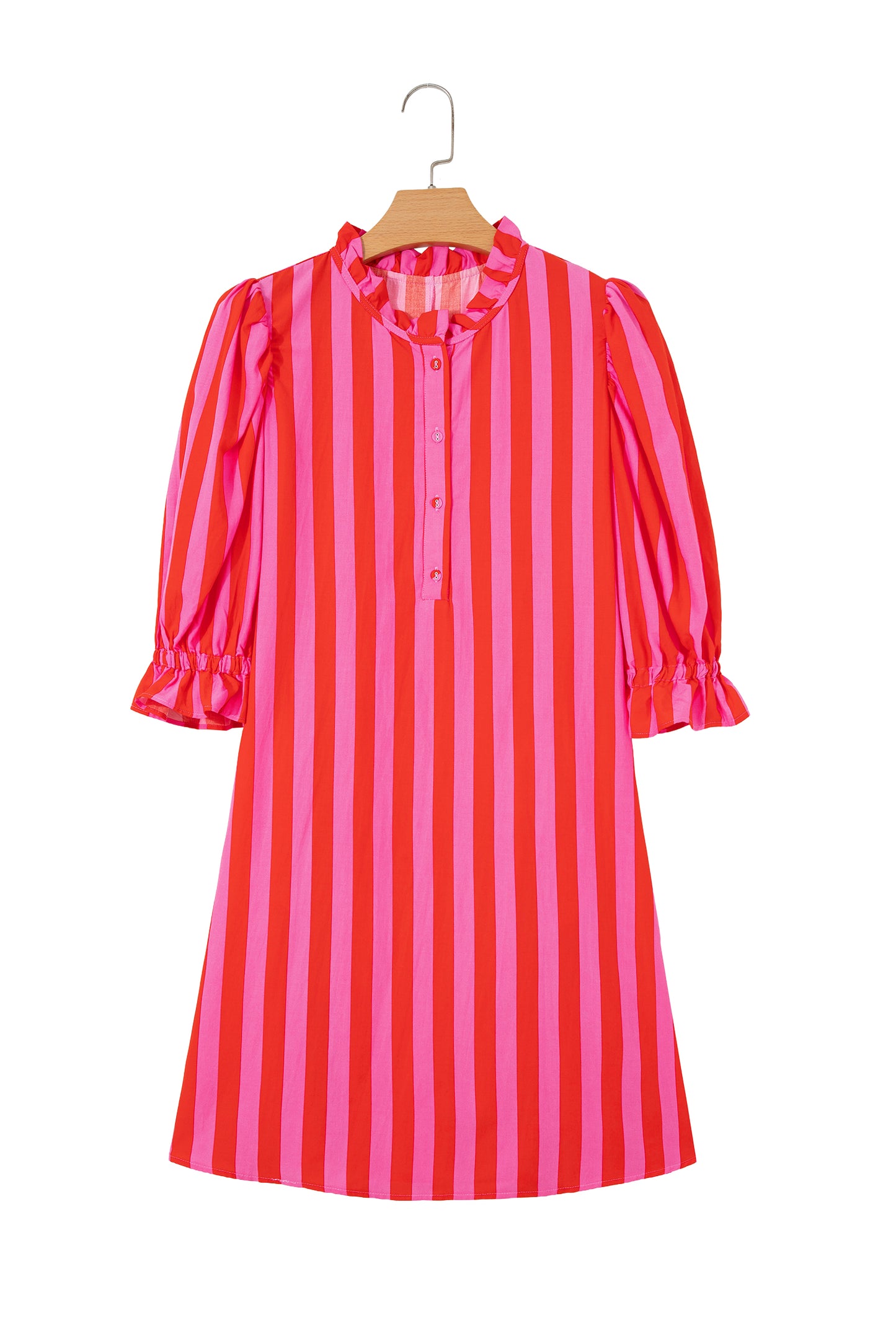 Stripe Half-Button Puff Sleeve Mini Dress