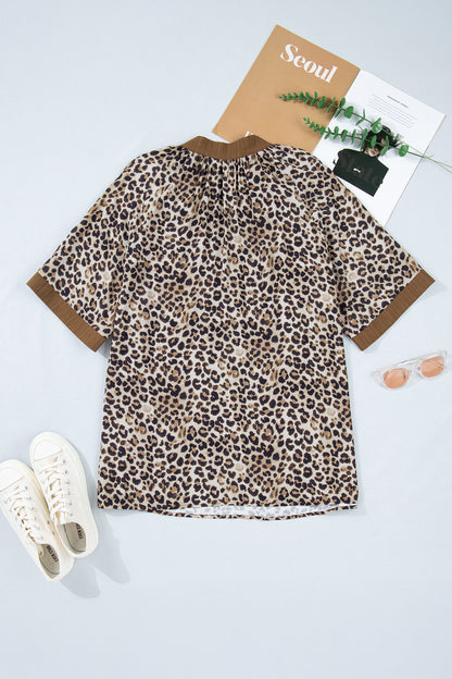 Plus Size Leopard Patchwork Crinkled V-Neck Blouse