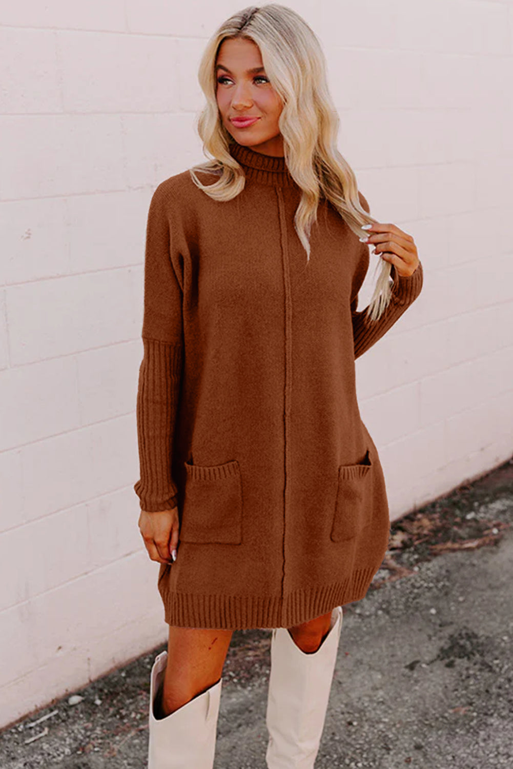 Solid Ribbed Mock Neck Sweater Dress