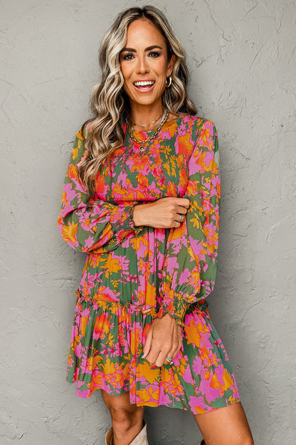 Floral Smocked Ruffle Hem Long Sleeve Mini Dress