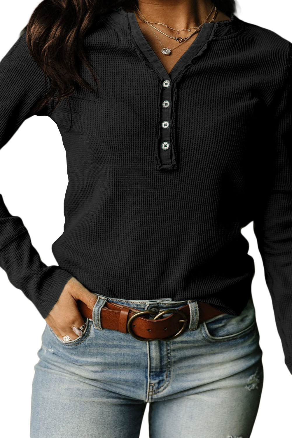 Waffle Henley Long Sleeve Top