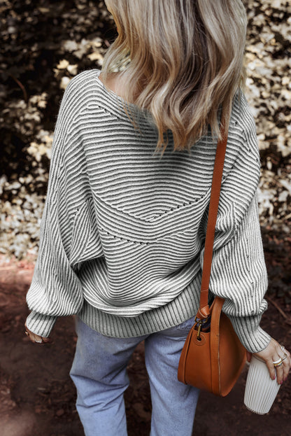 Stripe Ribbed Knit Boat Neck Sweater