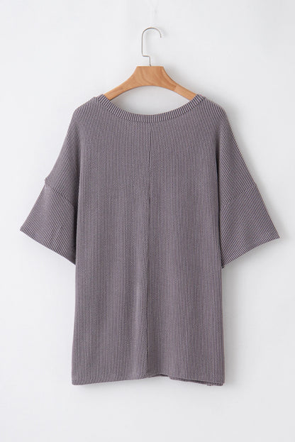 Plus Size Solid Corded Knit V-Neck T-Shirt