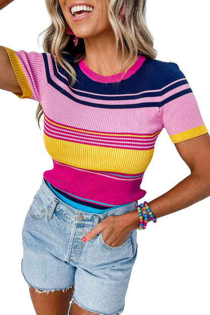 Stripe Ribbed Short Sleeve Top