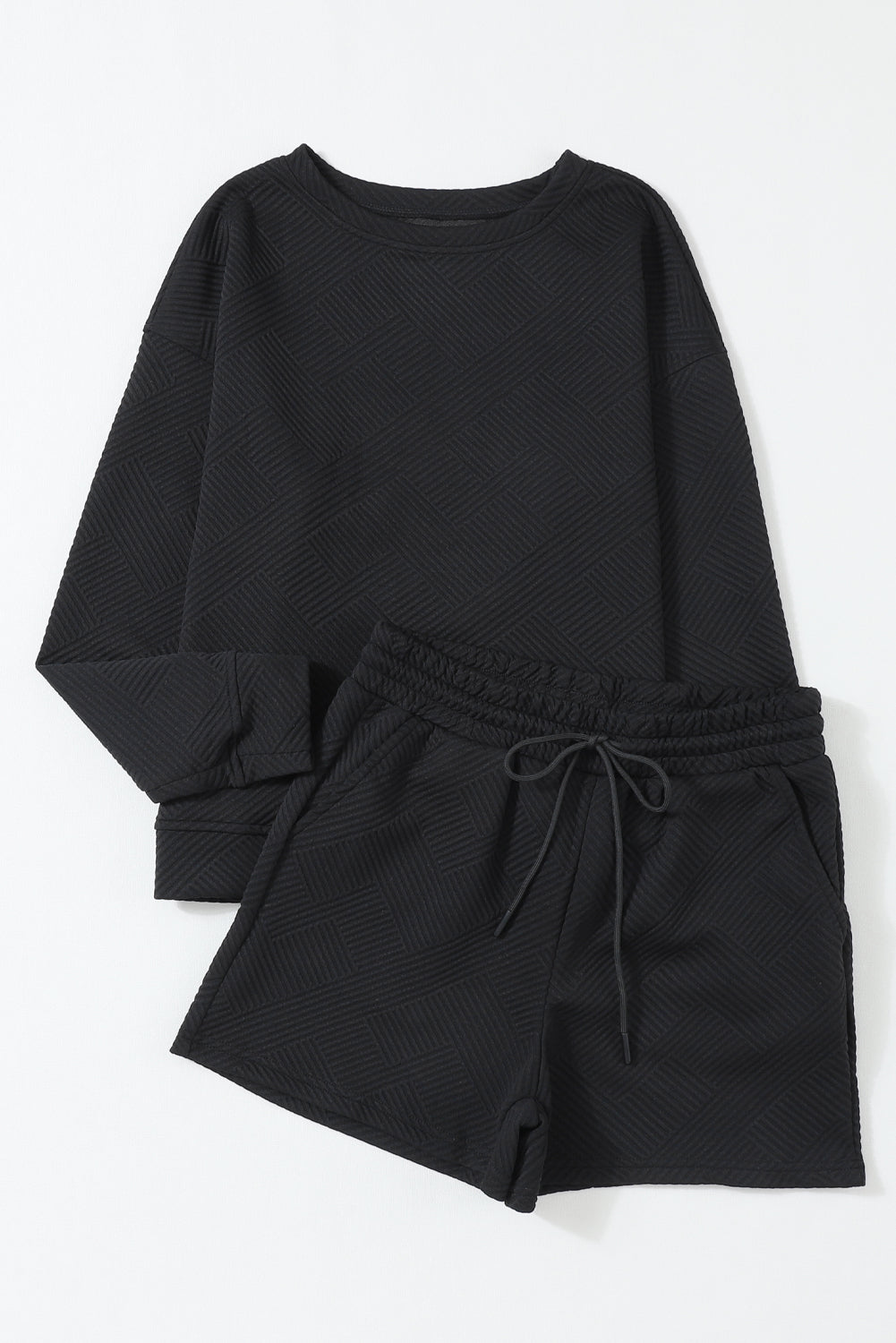Textured Long Sleeve Top and Drawstring Shorts Set