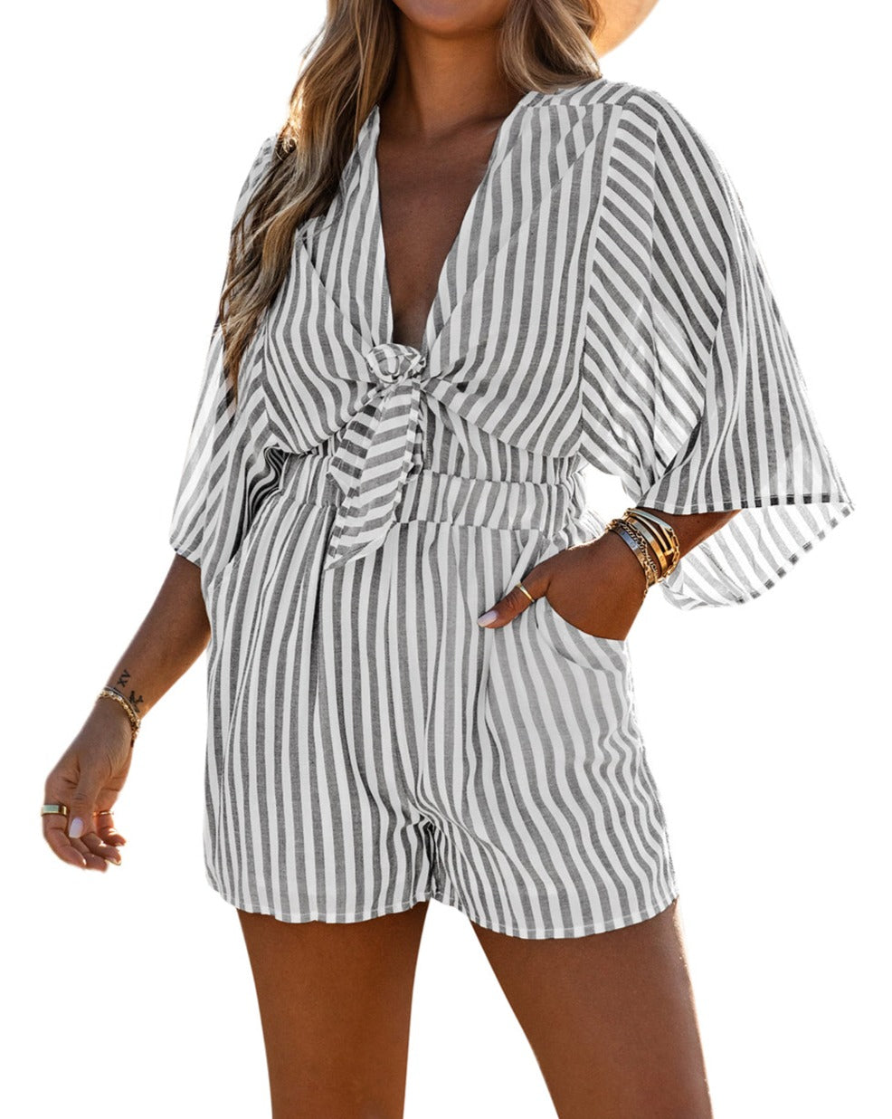 Stripe 3/4 Kimono Sleeves Romper