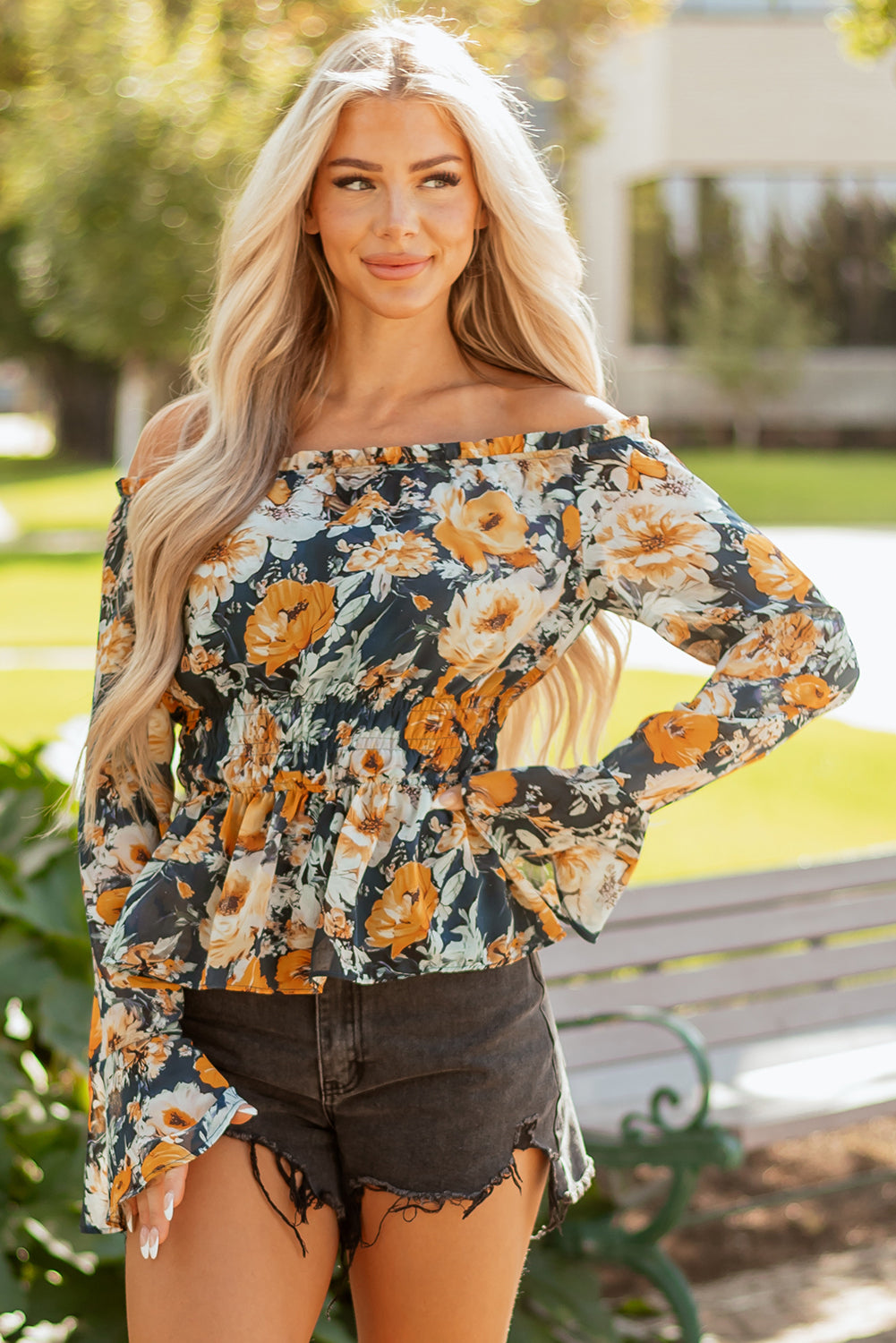 Floral Off Shoulder Bell Sleeve Peplum Top