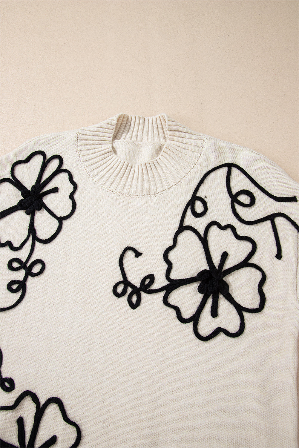 Floral Stitch Mock Neck Sweater