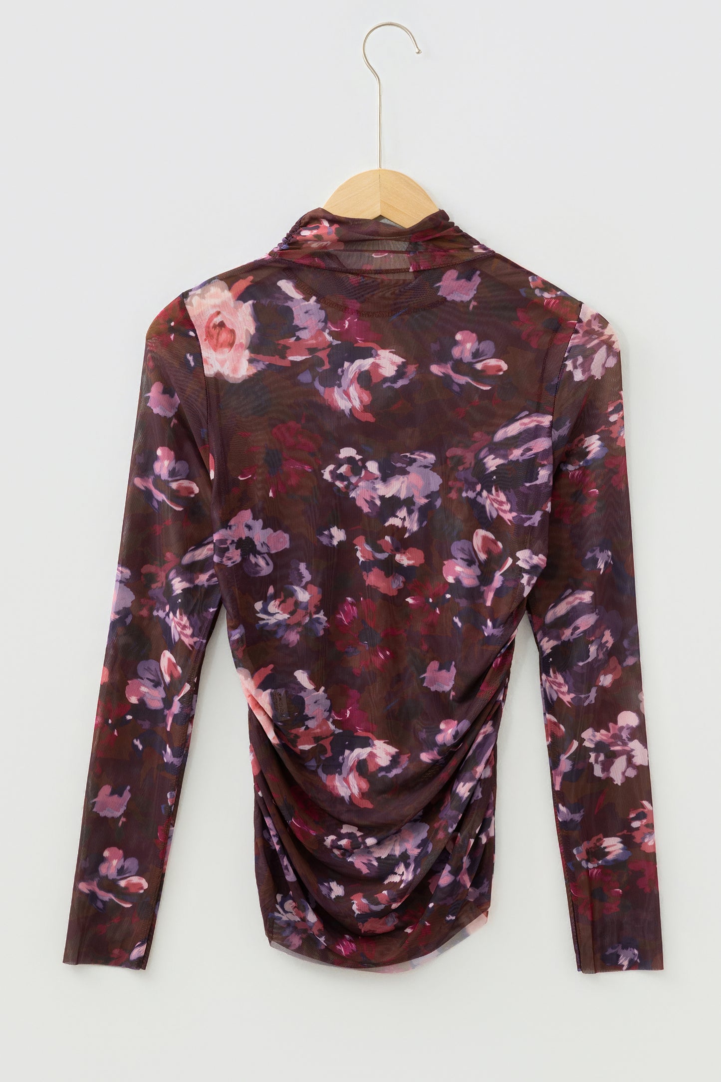 Floral Mesh Turtleneck Long Sleeve Ruched Top