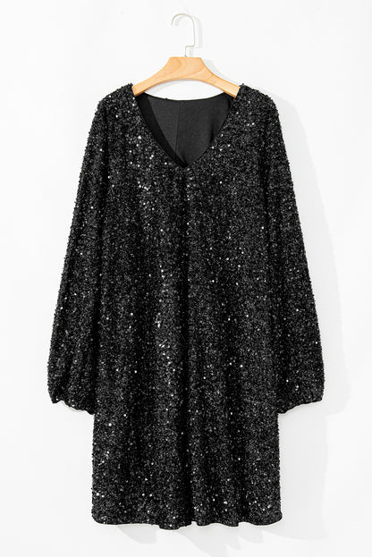 Plus Size Sequin Bubble Sleeve V-Neck Dress