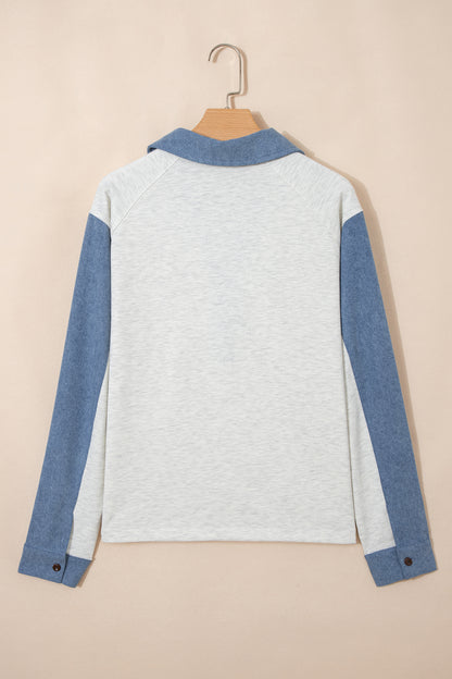 Denim Patchwork Polo Collar Long Sleeve Top