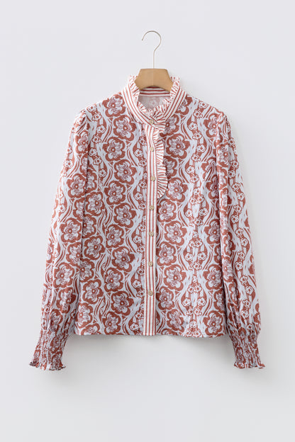 Floral Stripe Frilled Trim Long Sleeve Shirt