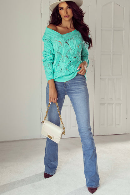 Hollow-Out Knit V-Neck Drop Shoulder Sweater