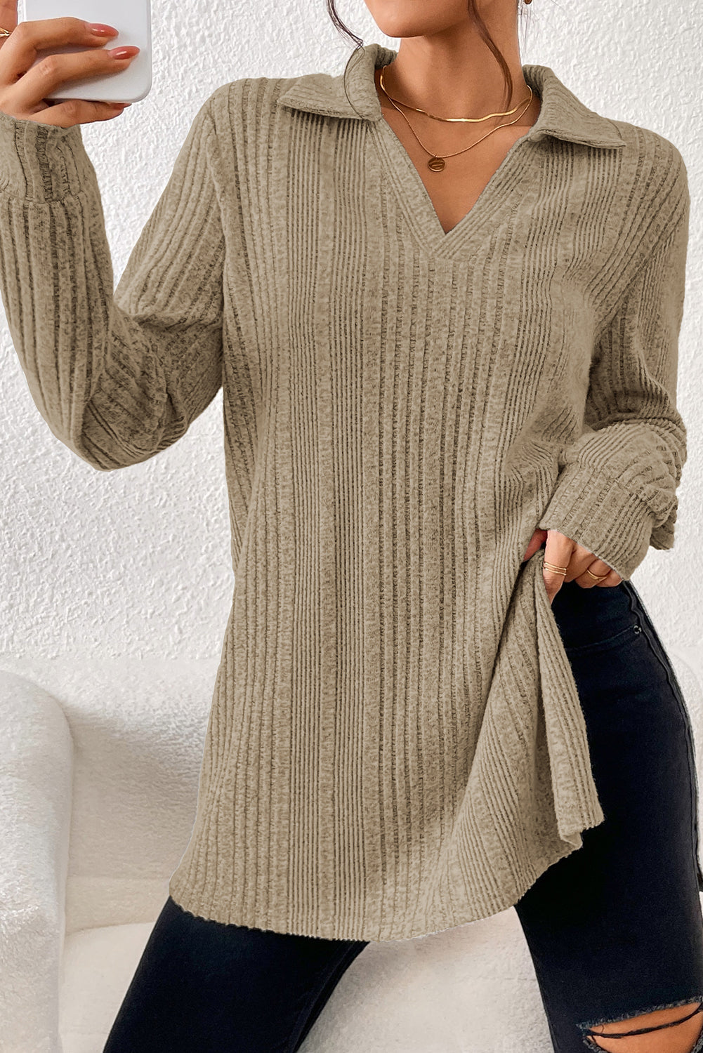 Ribbed Collared V-Neck Tunic