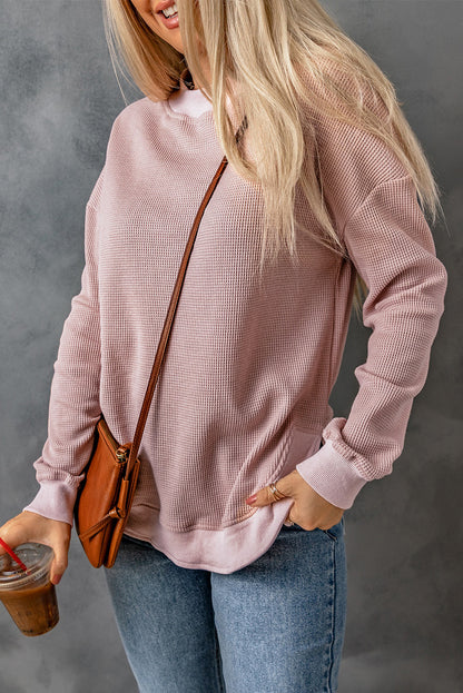 Waffle Ribbed Trim Crewneck Top